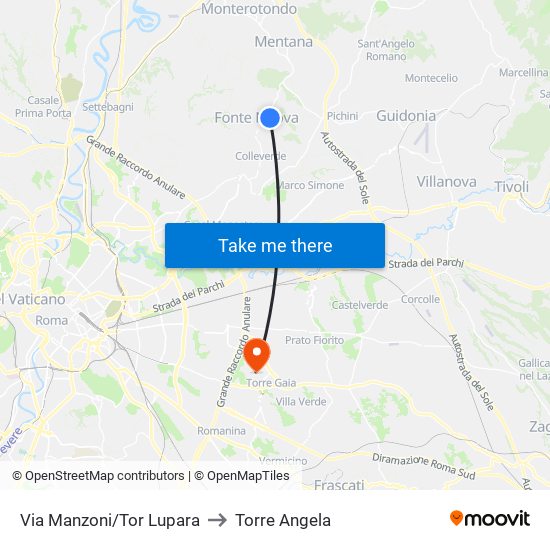 Via Manzoni/Tor Lupara to Torre Angela map