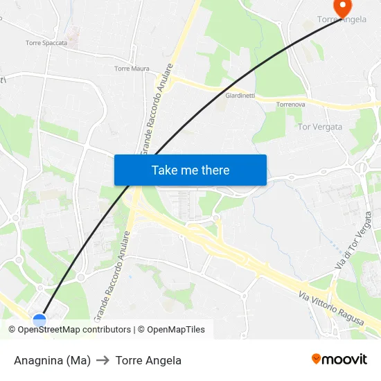 Anagnina Metro to Torre Angela map