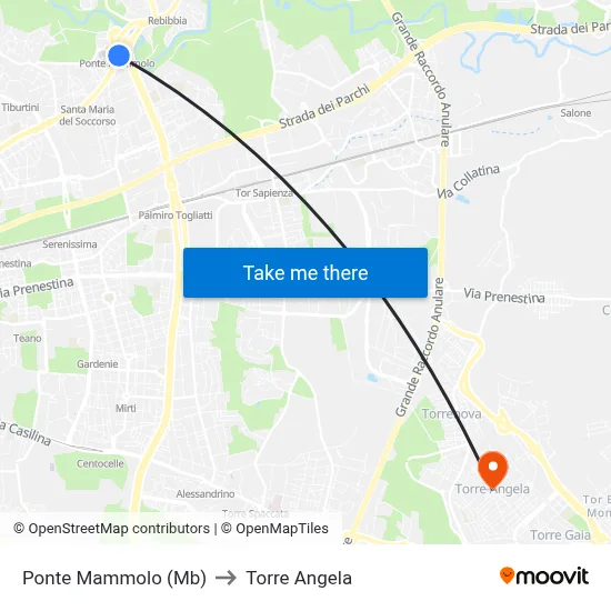 Ponte Mammolo (Metro B) to Torre Angela map