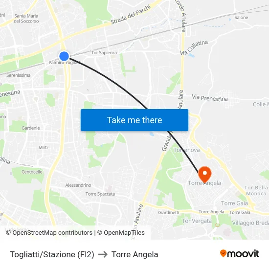Togliatti/Stazione (Fl2) to Torre Angela map