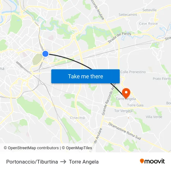 Portonaccio/Tiburtina to Torre Angela map