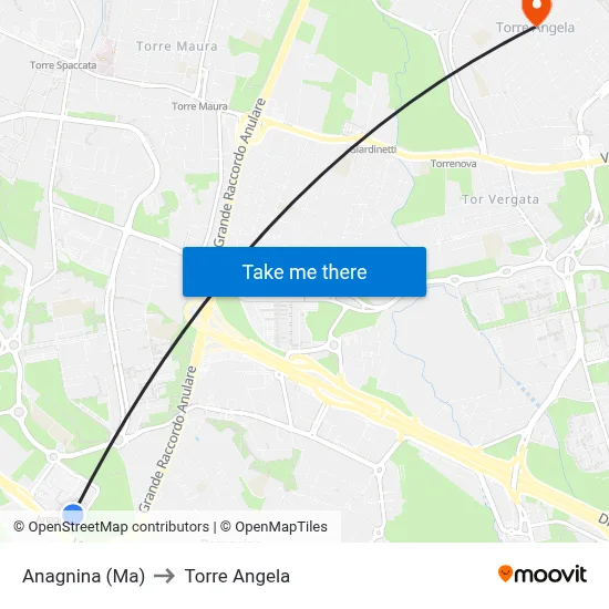 Anagnina Metro to Torre Angela map