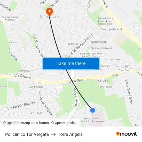 Policlinico Tor Vergata to Torre Angela map