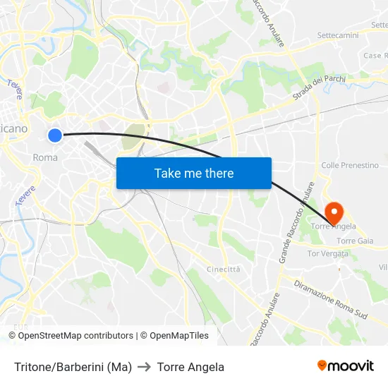 Tritone/Barberini (Ma) to Torre Angela map