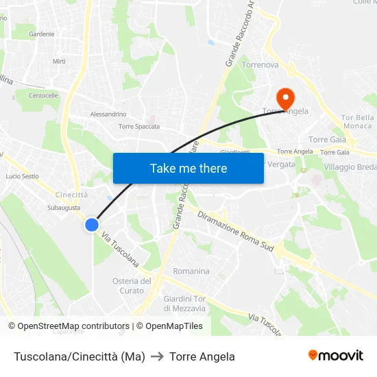 Tuscolana/Cinecittà (Ma) to Torre Angela map