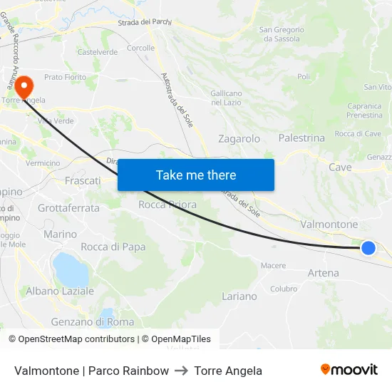 Valmontone Rainbow Park to Torre Angela map