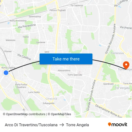 Arco Di Travertino/Tuscolana to Torre Angela map