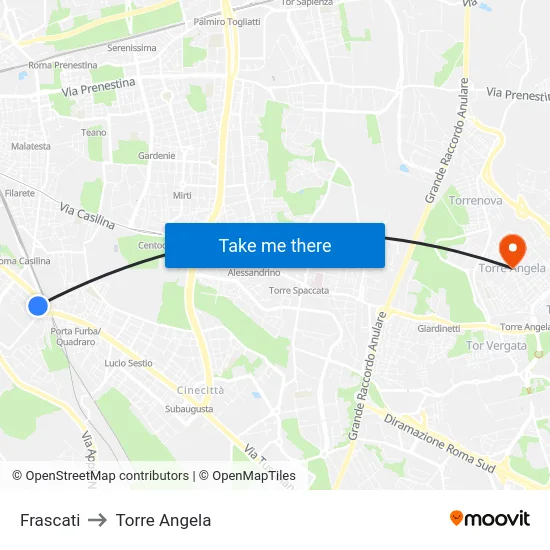 Frascati to Torre Angela map