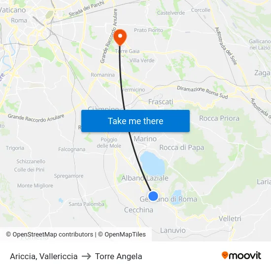 Ariccia, Vallericcia to Torre Angela map