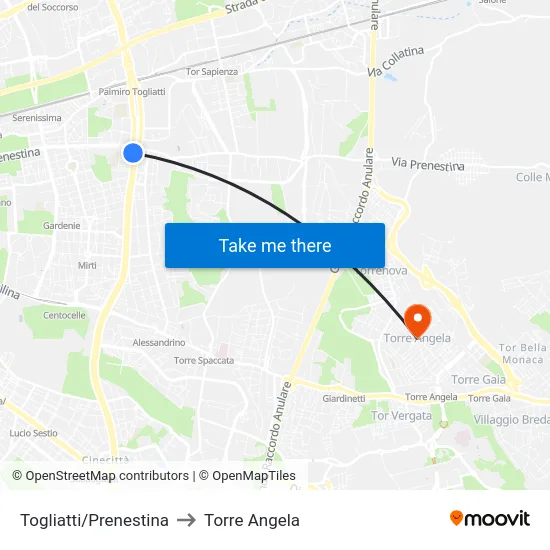Togliatti/Prenestina to Torre Angela map
