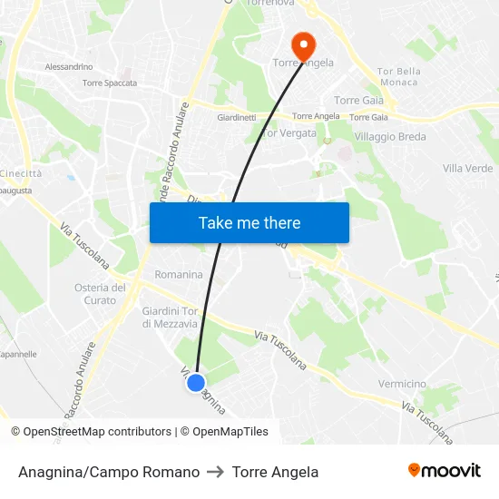 Anagnina/Campo Romano to Torre Angela map