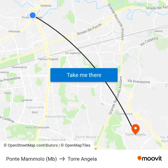 Ponte Mammolo (Metro B) to Torre Angela map