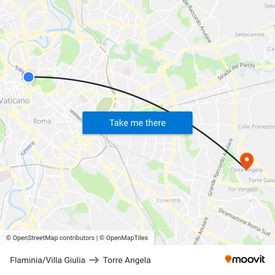 Flaminia/Villa Giulia to Torre Angela map