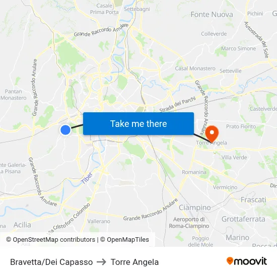Bravetta/Dei Capasso to Torre Angela map