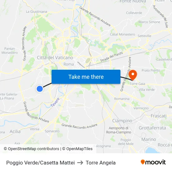 Poggio Verde/Casetta Mattei to Torre Angela map
