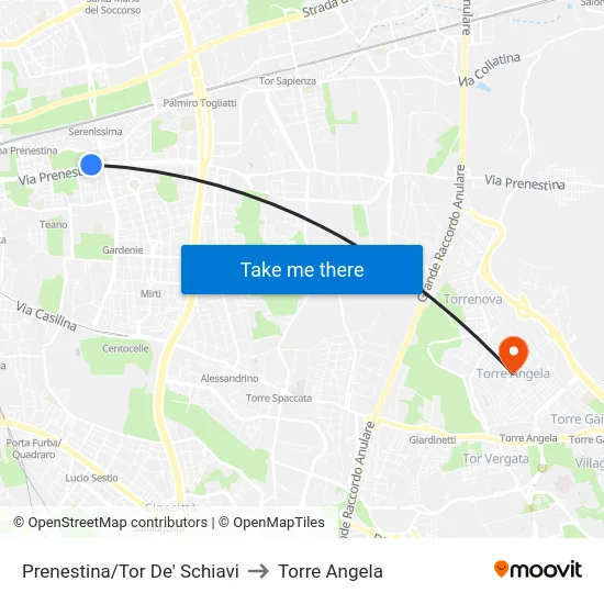 Prenestina/Tor De' Schiavi to Torre Angela map