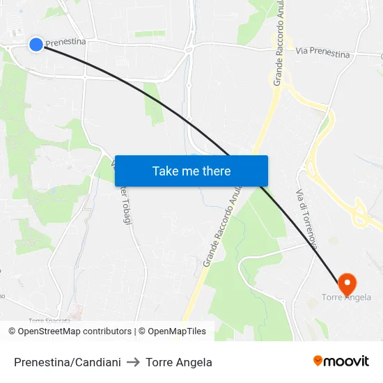 Prenestina/Candiani to Torre Angela map