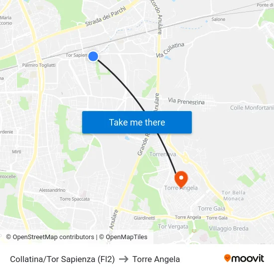 Collatina/Tor Sapienza (Fl2) to Torre Angela map