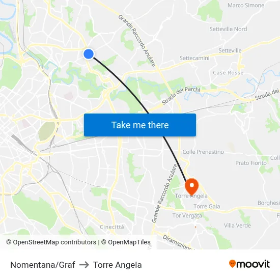 Nomentana/Graf to Torre Angela map