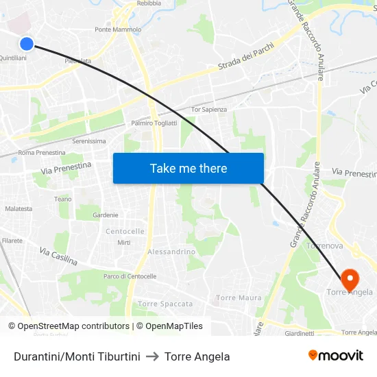 Durantini/Monti Tiburtini to Torre Angela map