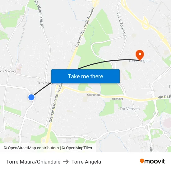 Torre Maura/Ghiandaie to Torre Angela map