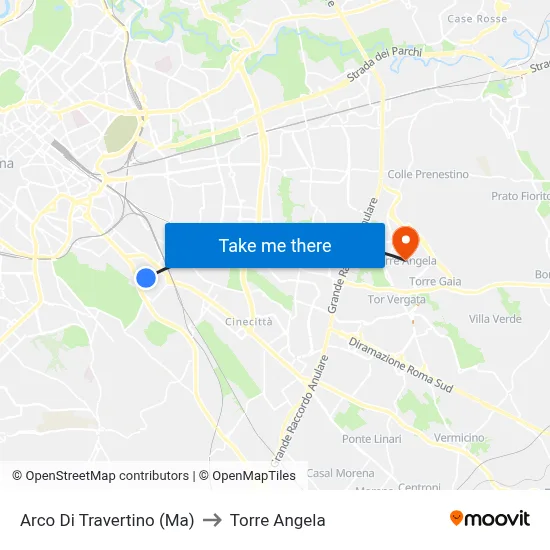 Arco Di Travertino (Metro A) to Torre Angela map