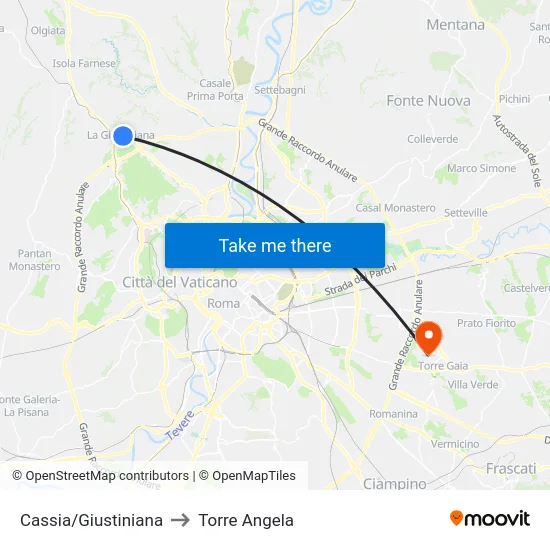 Cassia/Giustiniana to Torre Angela map