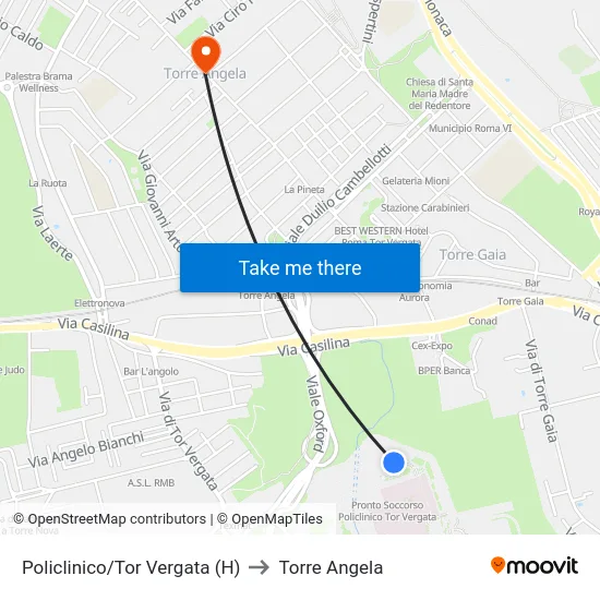 Policlinico/Tor Vergata (H) to Torre Angela map