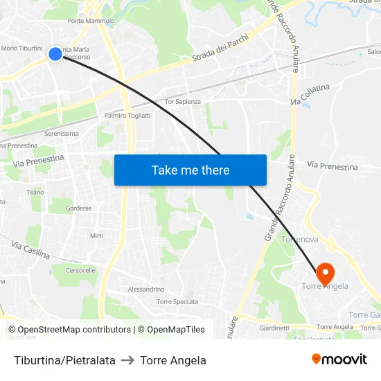 Tiburtina/Pietralata to Torre Angela map