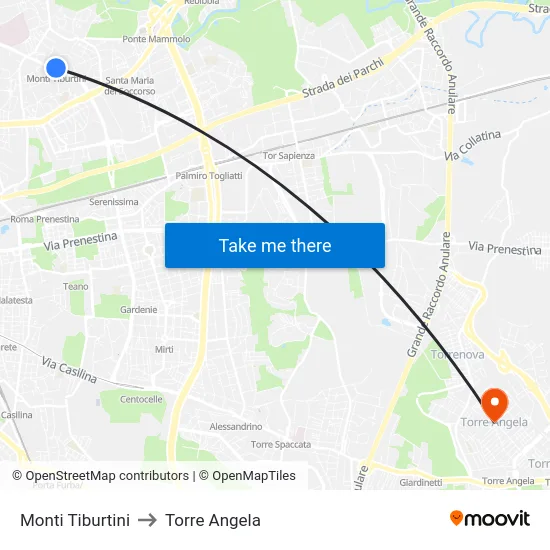 Monti Tiburtini to Torre Angela map