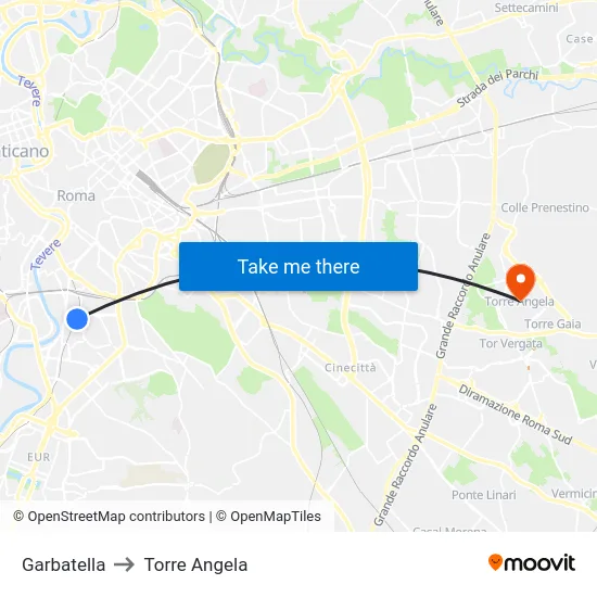 Garbatella to Torre Angela map