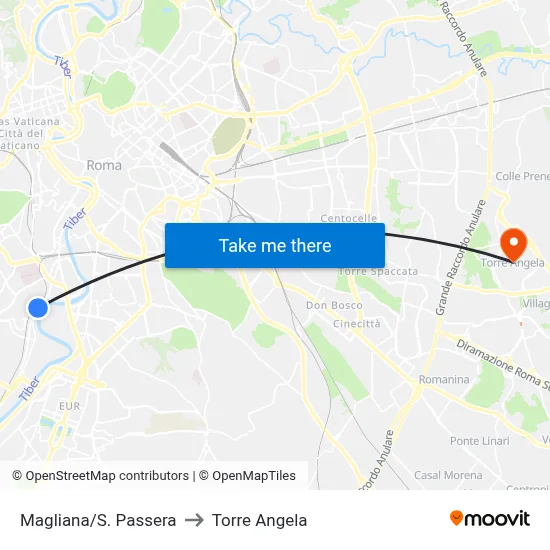 Magliana/St. Passera to Torre Angela map