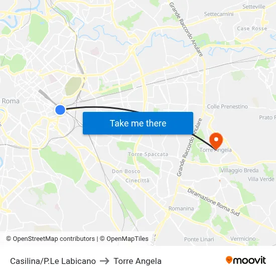 Casilina/Labicano Square to Torre Angela map