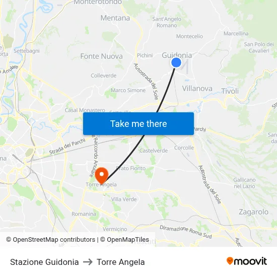 Guidonia Station to Torre Angela map