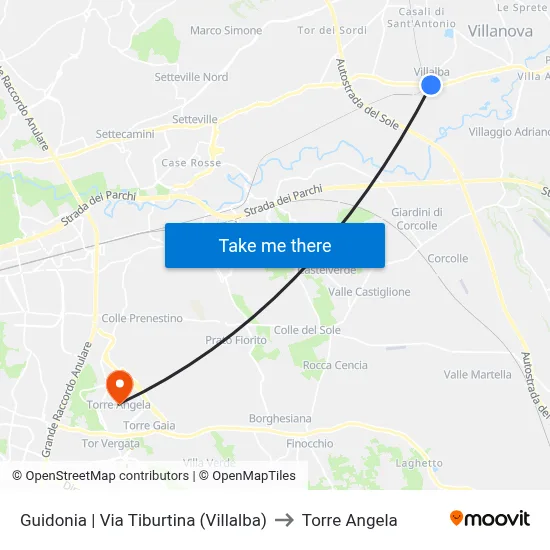 Guidonia via Tiburtina (Villalba) to Torre Angela map