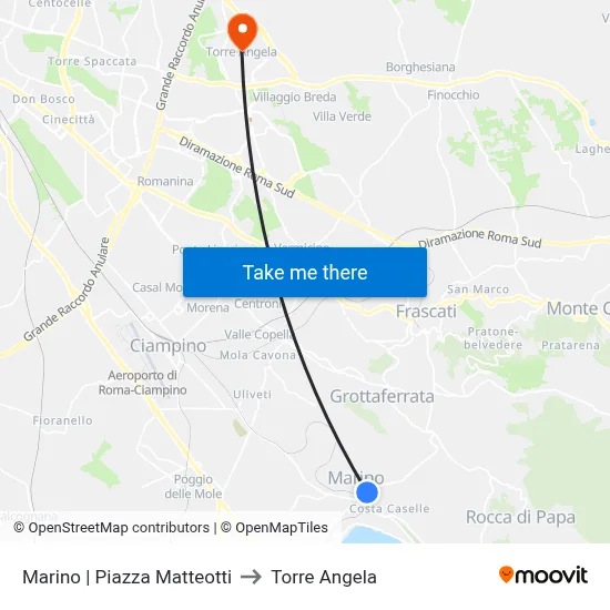 Marino Matteotti Square to Torre Angela map