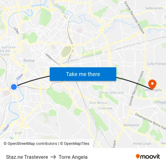 Trastevere Station to Torre Angela map