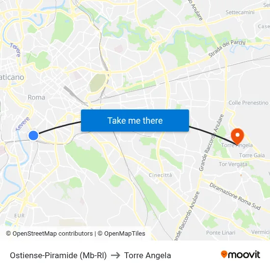 Ostiense-Pyramid (Metro B-Rail Line) to Torre Angela map