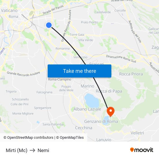 Mirti (Mc) to Nemi map