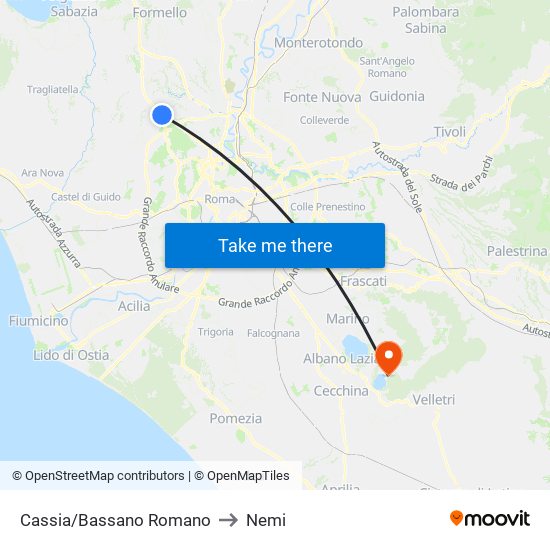 Cassia/Bassano Romano to Nemi map