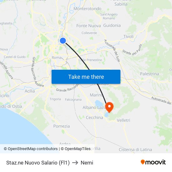 Staz.ne Nuovo Salario (Fl1) to Nemi map