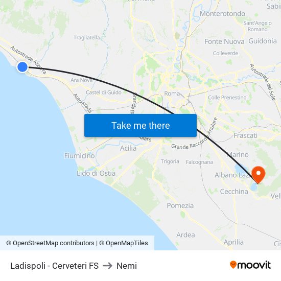 Ladispoli - Cerveteri FS to Nemi map