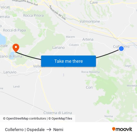 Colleferro | Ospedale to Nemi map