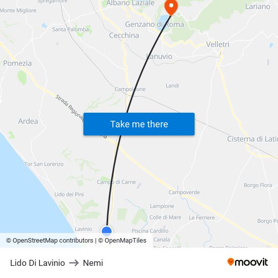 Lido Di Lavinio to Nemi map