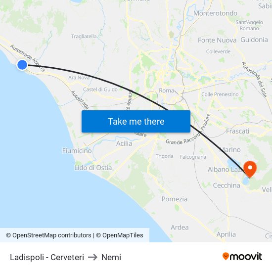 Ladispoli - Cerveteri to Nemi map