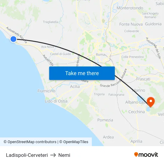 Ladispoli-Cerveteri to Nemi map