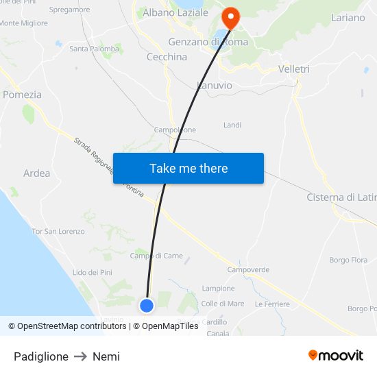 Padiglione to Nemi map