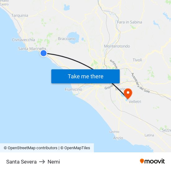 Santa Severa to Nemi map