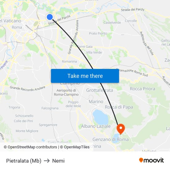 Pietralata (Mb) to Nemi map