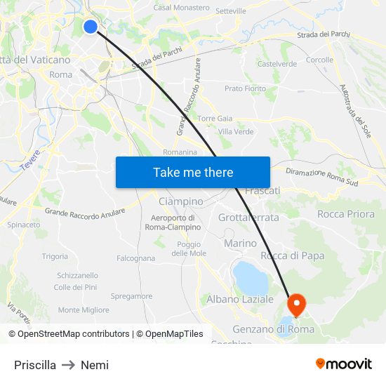 Priscilla to Nemi map